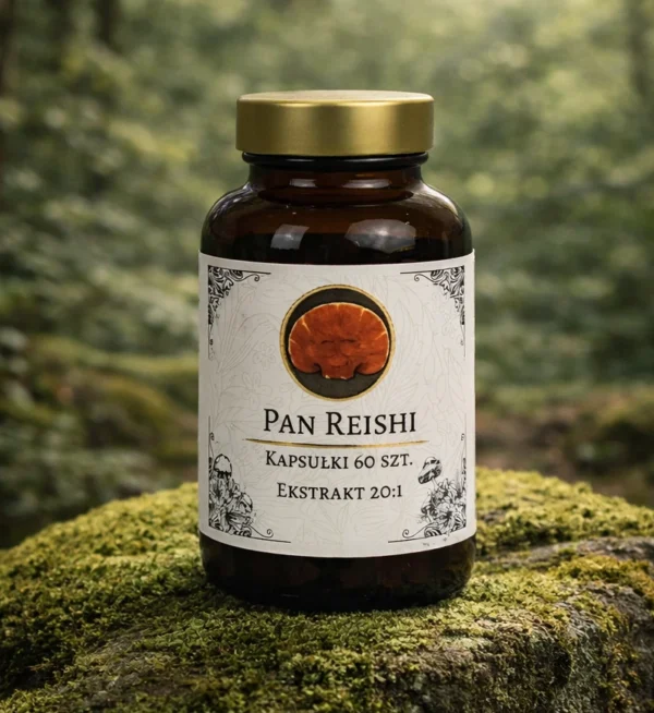 Reishi – lakownica żółtawa ekstrakt 20:1 60 kapsułek | Pan Boczniak Słoiczek kapsułek Reishi (lakownica żółtawa) ekstrakt 20:1 – 60 kapsułek, na omszonym kamieniu w lesie